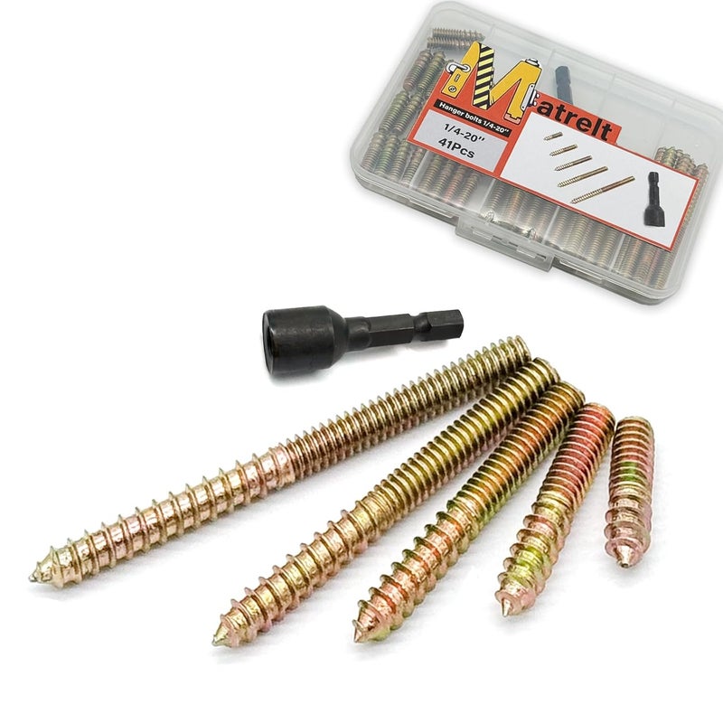 Matrelt 41 Pack 1/4-20" Hanger Bolts 5Sizes 1-3 Inch Include1 pcs Hanger Bolt Driver Double Headed Bolts Wood Dowel Screw Self-Tapping Screw for Furniture Screws Wood Screws Double Threaded Rods - Image 1
